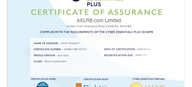 AXLR8 achieve Cyber Essentials Plus 2022-3
